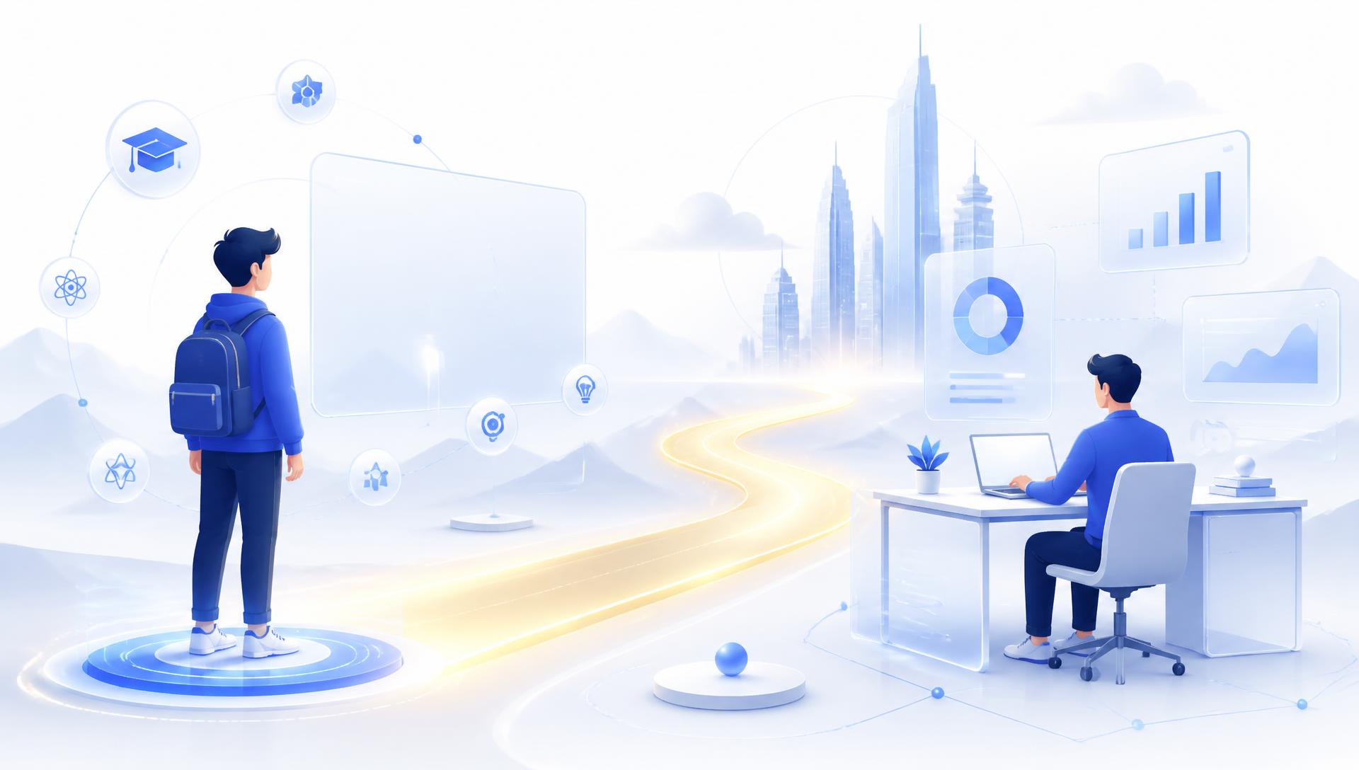 An illustrated student exploring career intelligence panels and a young professional analyzing a resume, connected by a glowing golden pathway