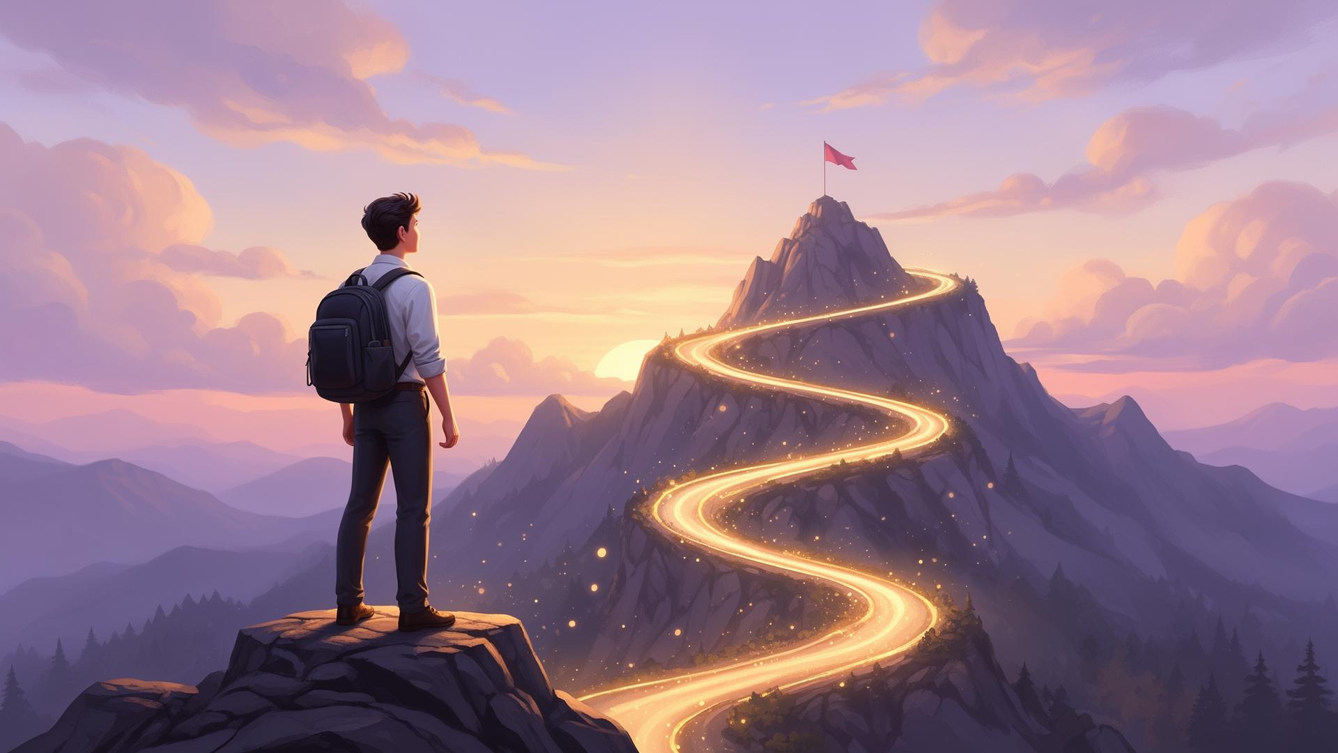 Professional looking up at a glowing mountain path representing the career growth journey